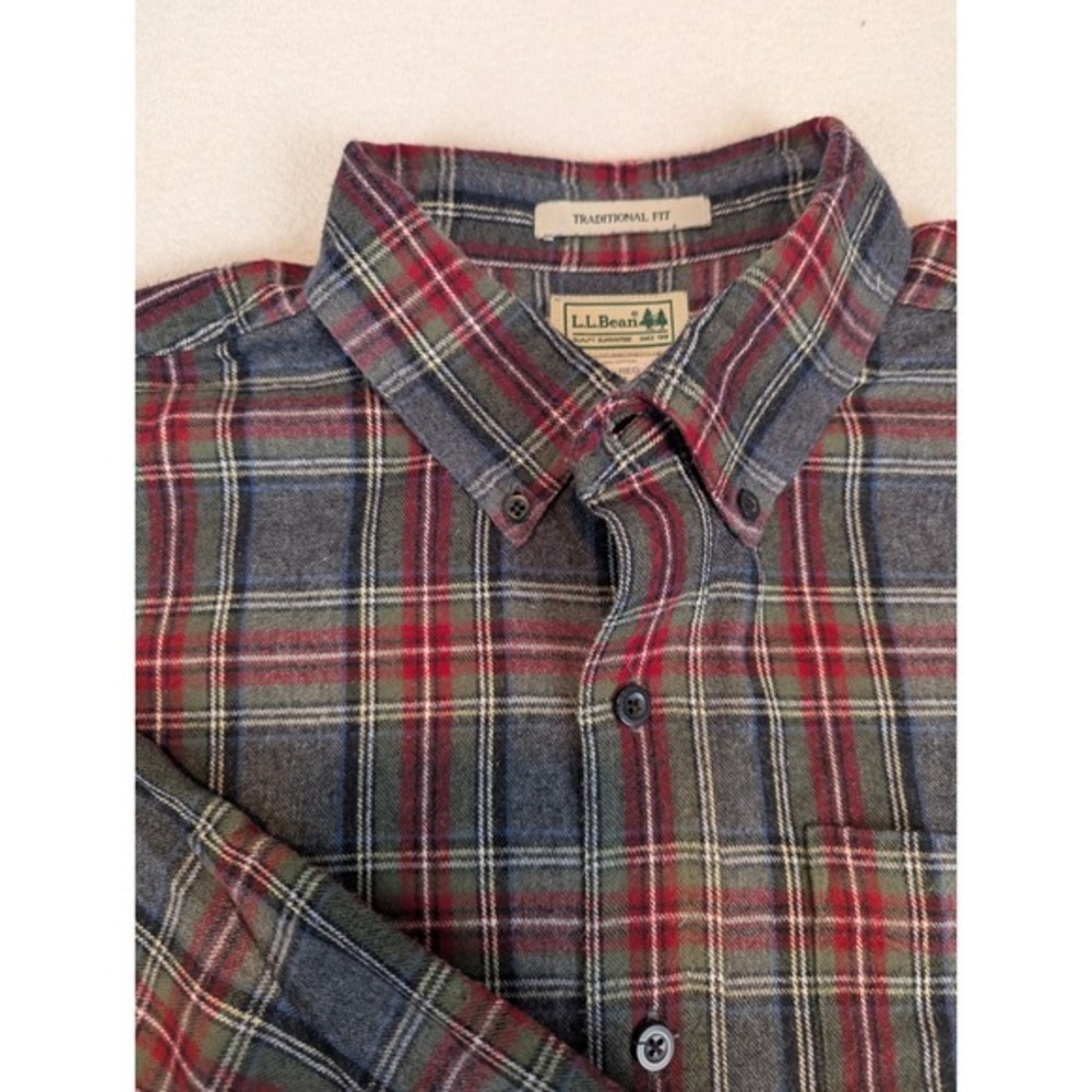 LL Bean Traditional Fit Plaid Flannel Button Down Shirt Men Red Green Gray Work - Picture 5 of 13